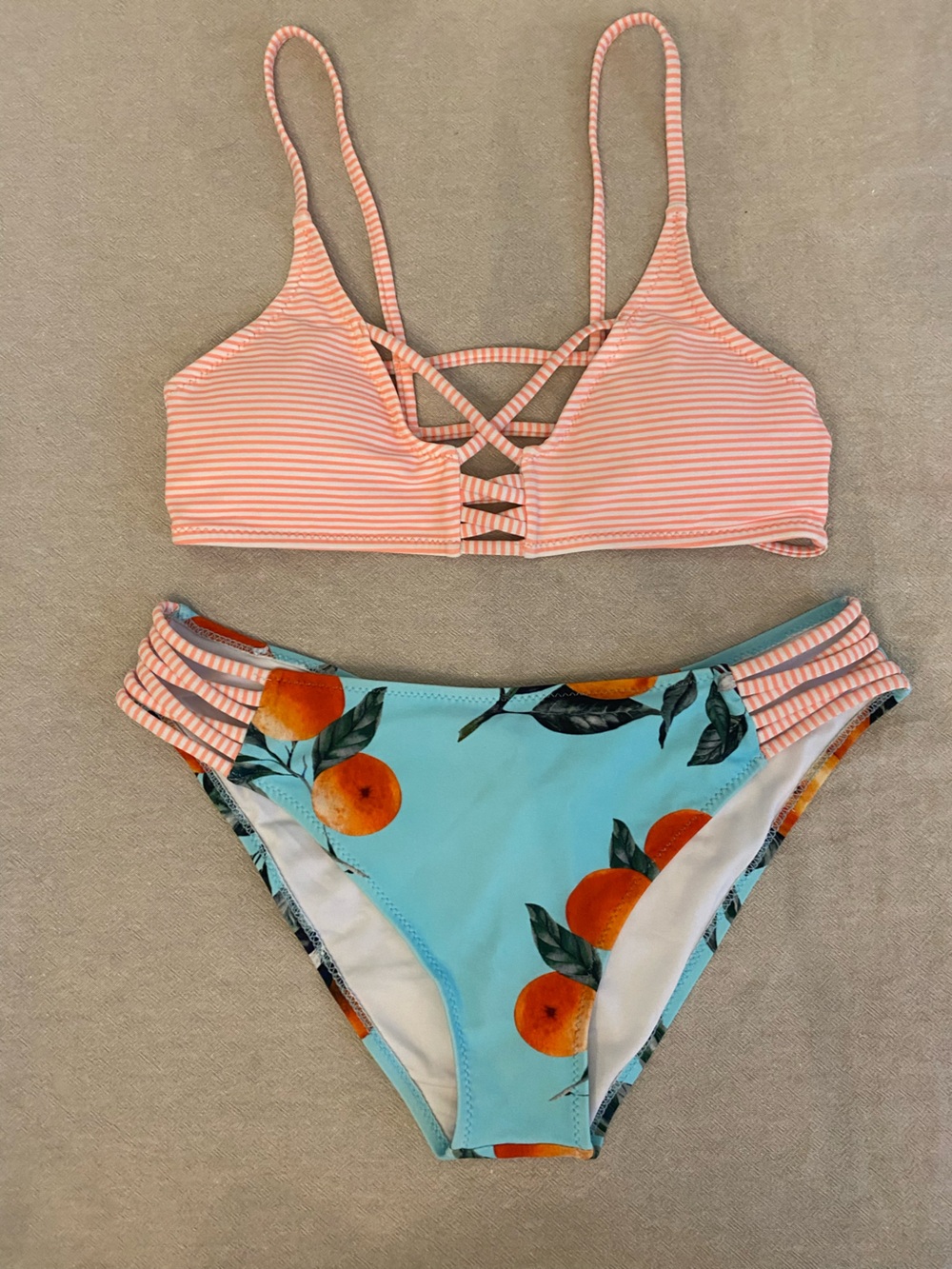Cupshe Peach/Orange Striped & Oranges-On-Aquamarine Print Two-Piece Bikini